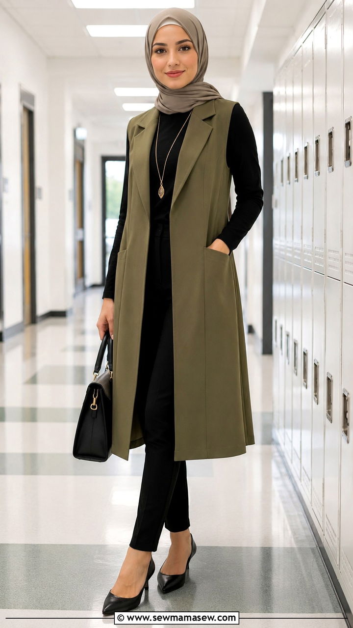 Longline Vest With Slim Pants - 20 Modest outfit ideas for teacher