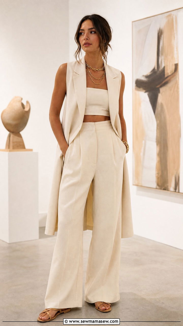 Longline Vest With Tailored Trousers And Sandals - 30 Summer outfits for athletic build