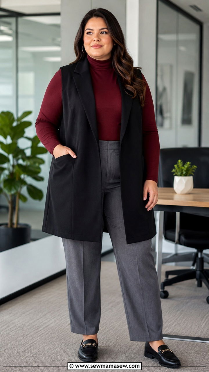 Longline Vest With Turtleneck And Straight Trousers - 30 Plus size office outfits