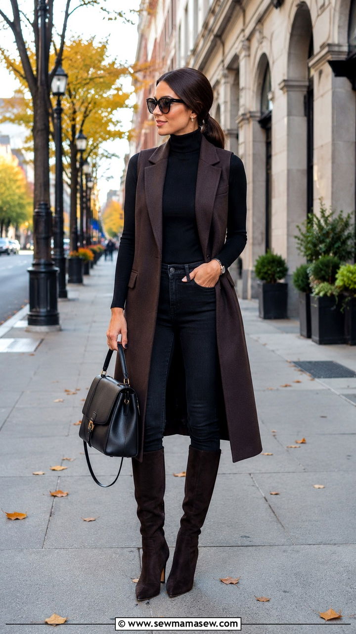 Longline Vest With a Turtleneck and Slim Fit Jeans Outfit - 25 Outfits to hide muffin top