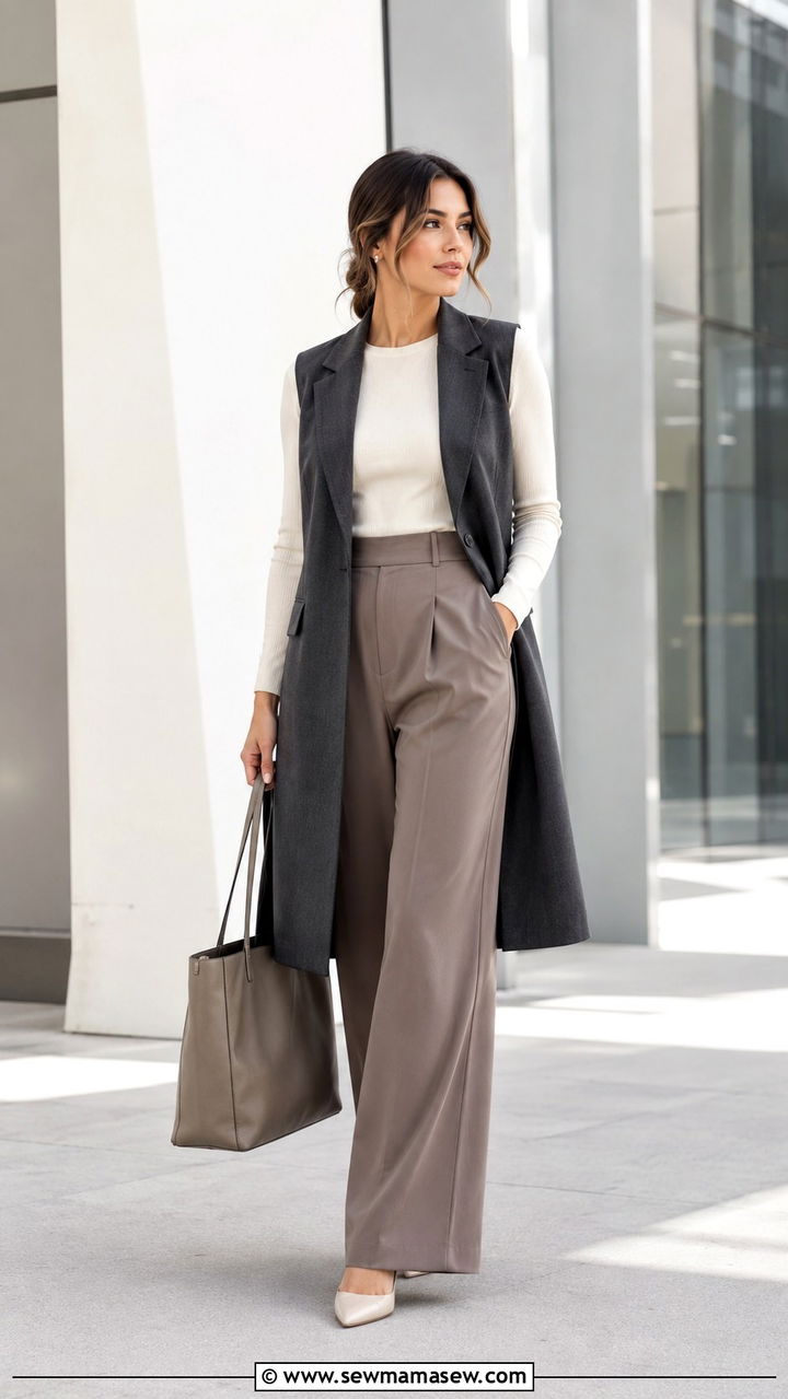 Longline Vest with Fitted Sweater and Wide Leg Trousers - 25 work outfits for pear shaped body