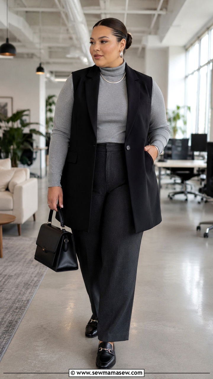 Longline Vest with Layered Turtleneck and Straight Trousers - 30 Plus size corporate outfit ideas