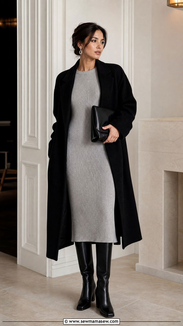 Longline Wool Coat Over A Knit Midi Dress - 25 Quiet luxury outfit ideas The Row style