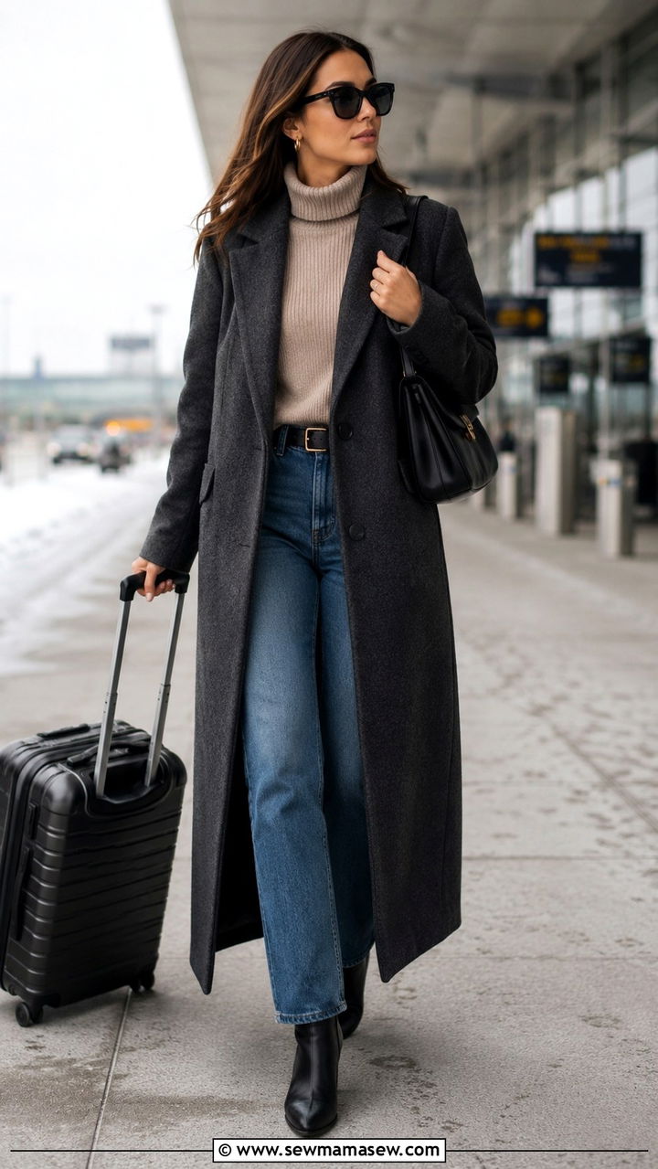Longline Wool Coat With Turtleneck and Straight Leg Jeans - 25 Airport outfit ideas for cold destination