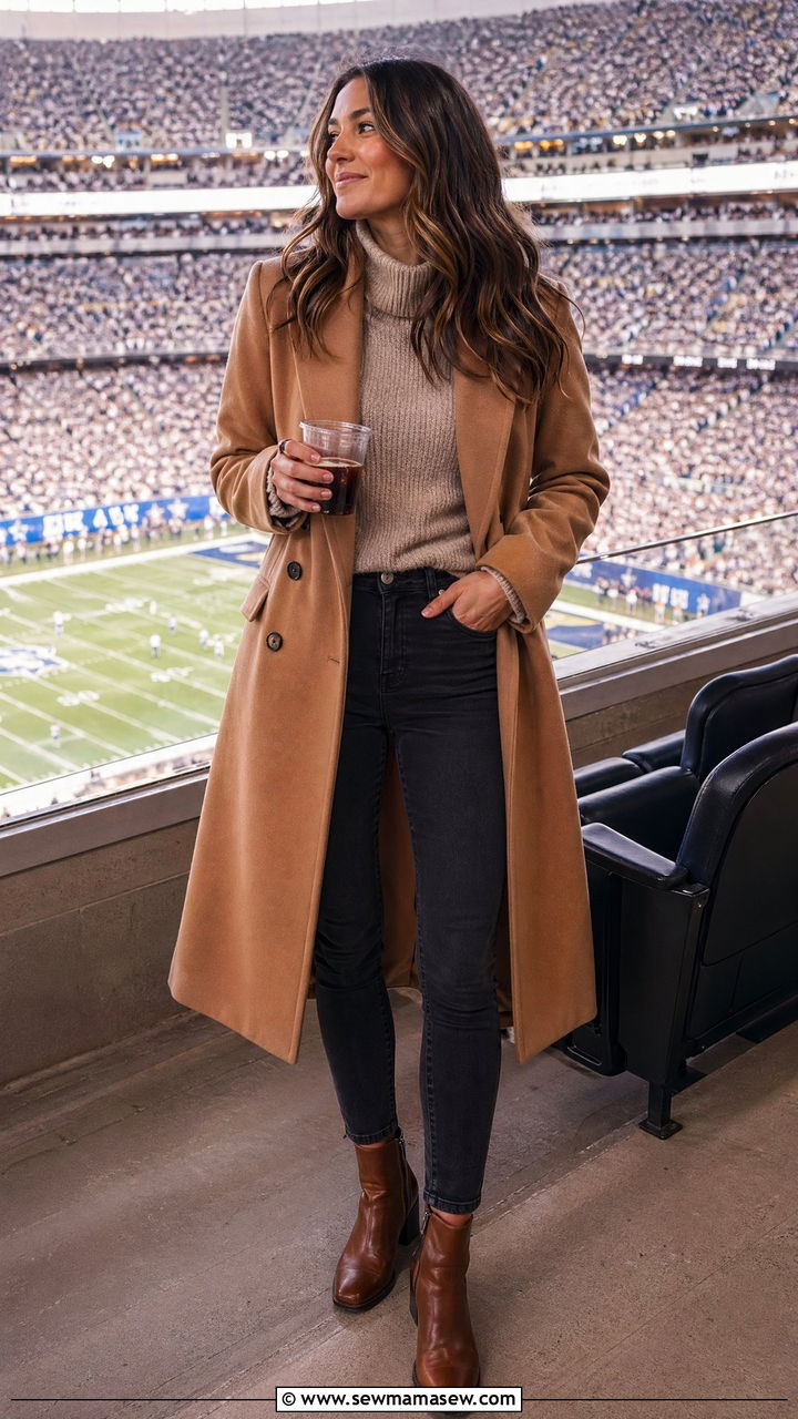 Longline Wool Coat with Chunky Sweater and Ankle Boots - 35 Football game outfit ideas for women