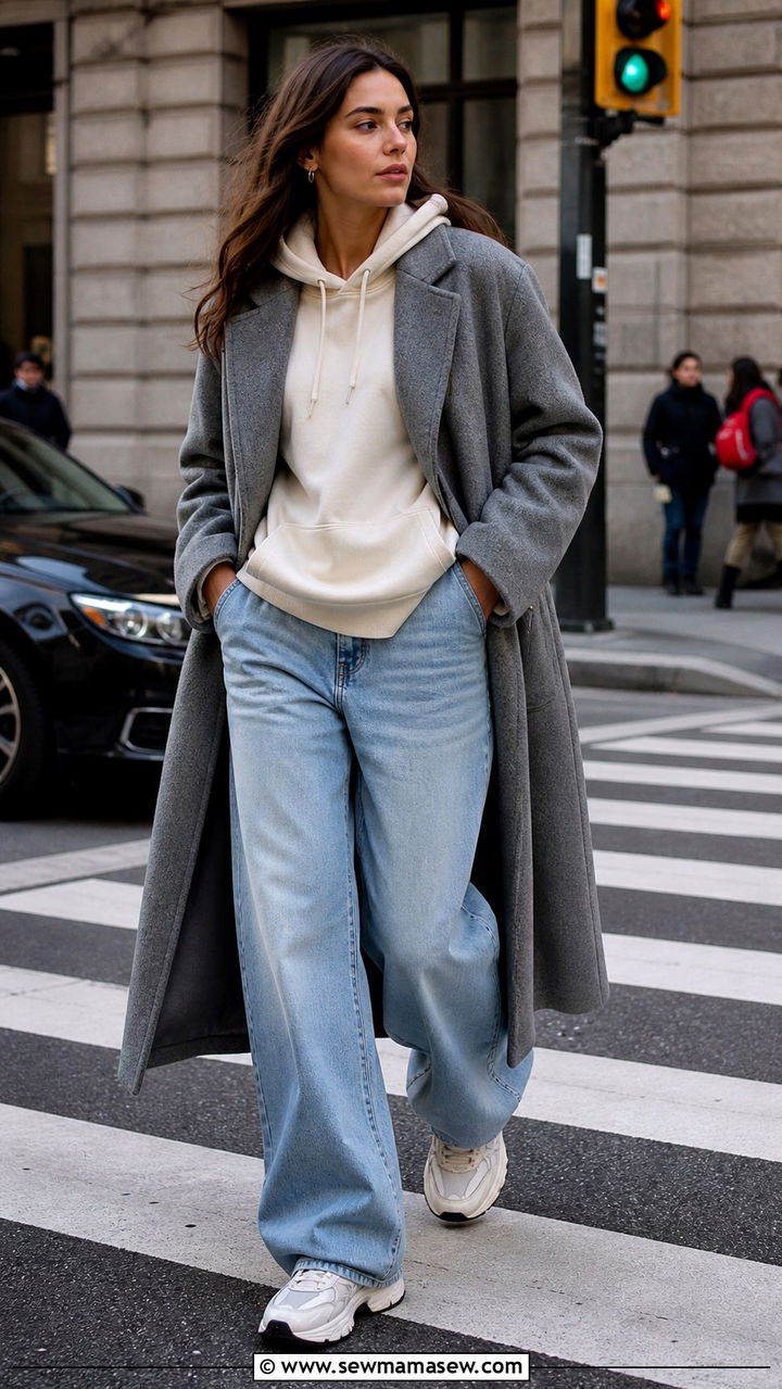 Longline Wool Coat with Hoodie and Wide Leg Jeans - 40 jacket outfits for women