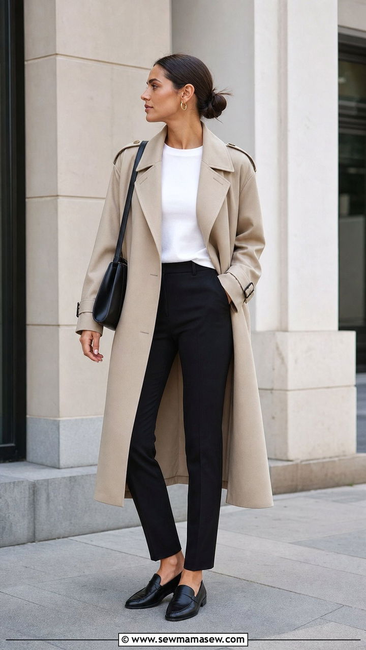 Longline beige trench coat and black slim trousers - 25 cute clean girl outfits