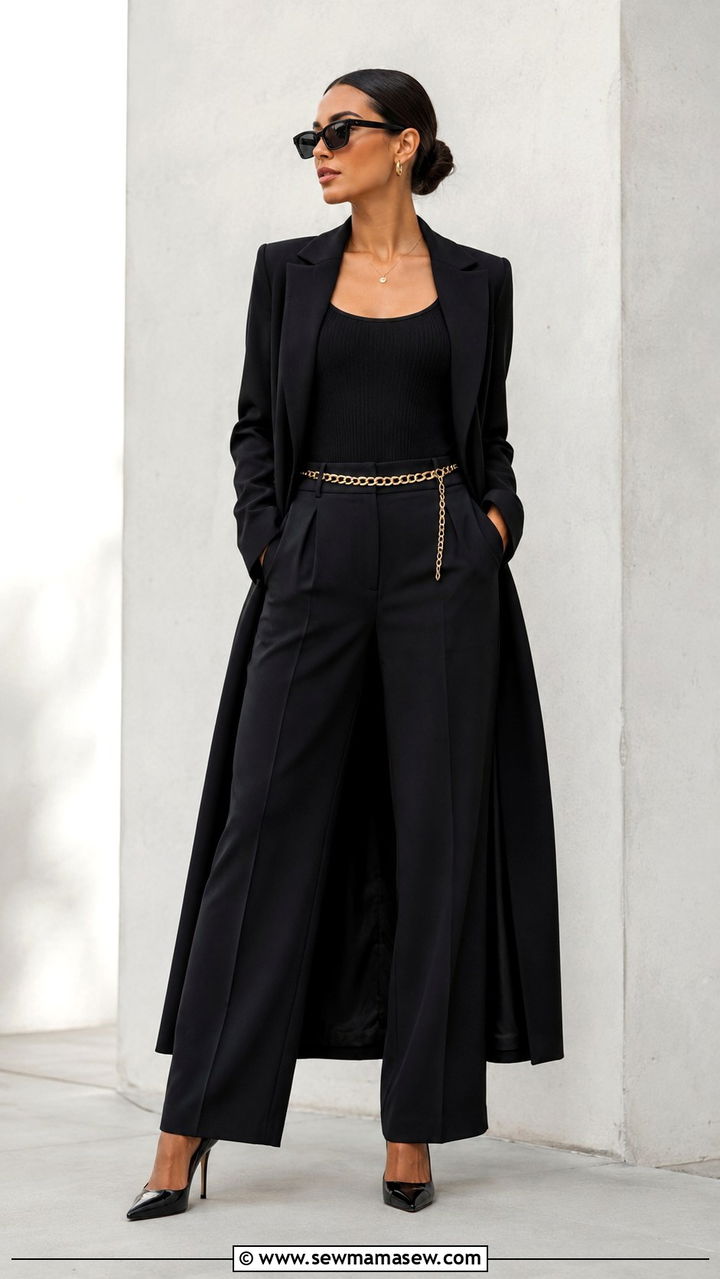 Longline black duster blazer with a fitted ribbed top and pointed pumps - 25 Wide leg black pants outfit ideas with a blazer