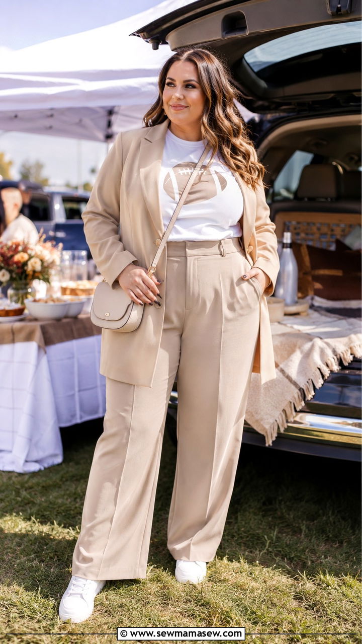 Longline blazer with team tee and tailored trousers outfit - 30 Plus size tailgate outfit ideas