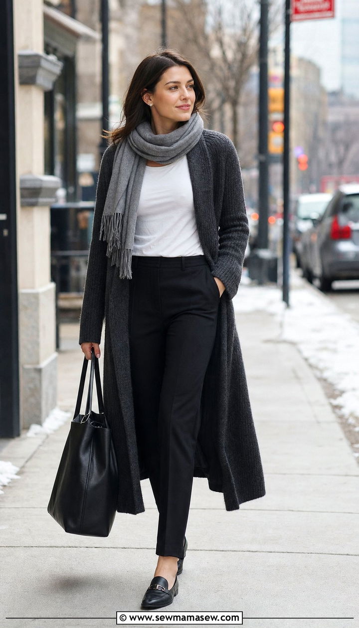 Longline cardigan and slim trousers outfit - 35 Business casual outfits for young professionals