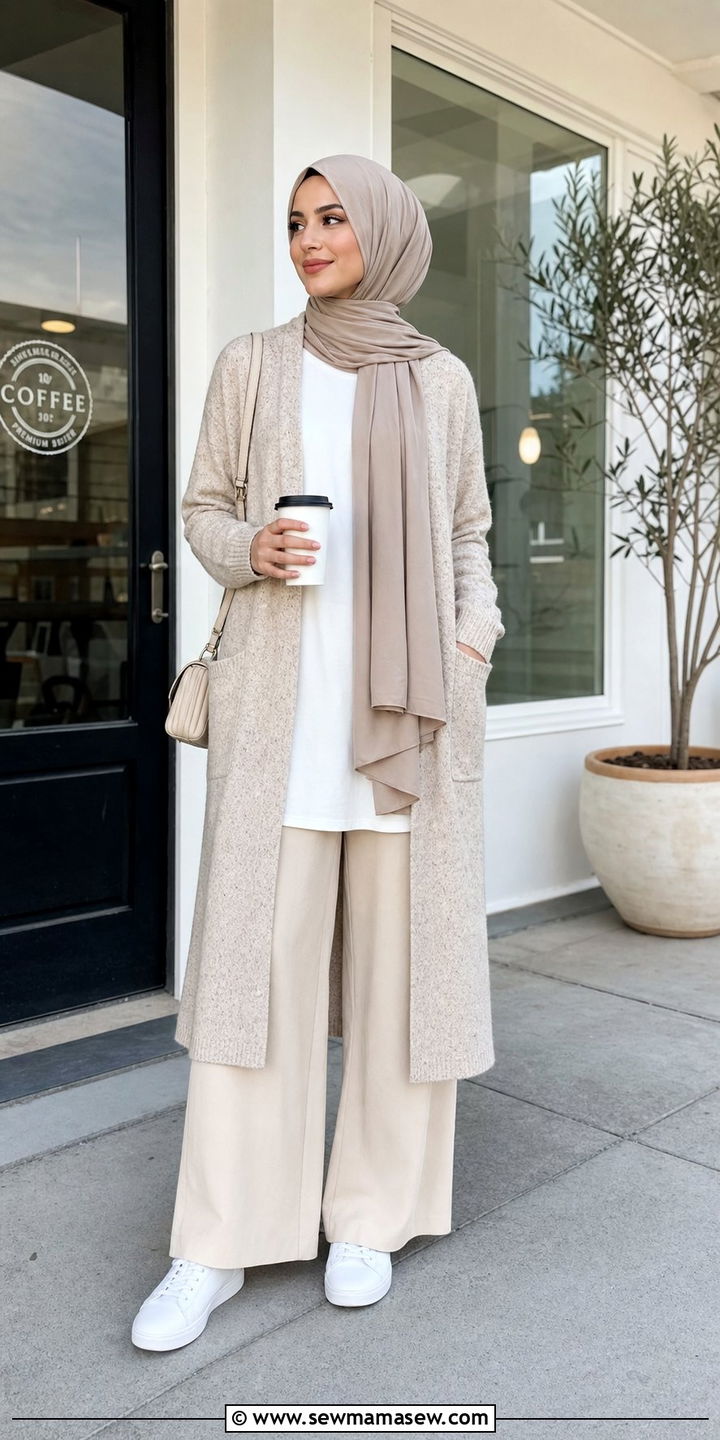 Longline cardigan layered over tunic and palazzo pants - 25 classy outfits for hijab women