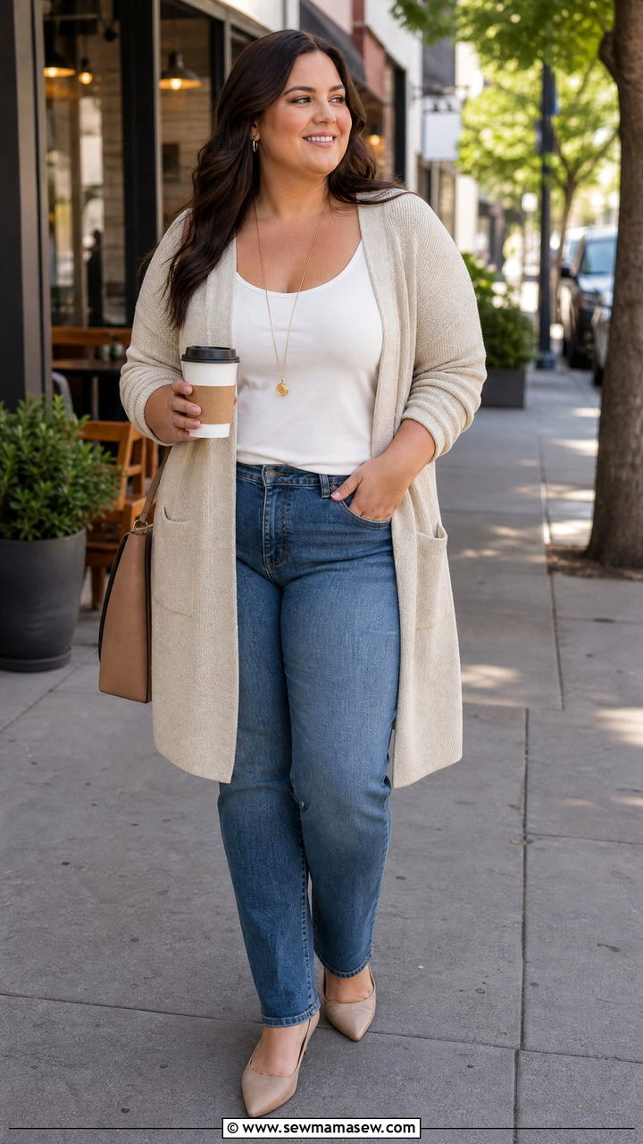 Longline cardigan over a cami and straight jeans - 25 Flattering outfits for big arms