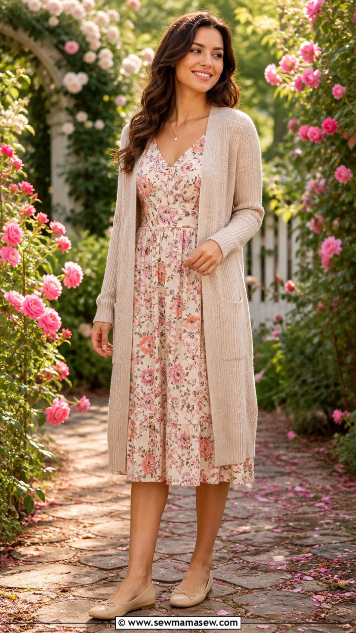 Longline cardigan over a floral midi dress - 40 classy outfits for women