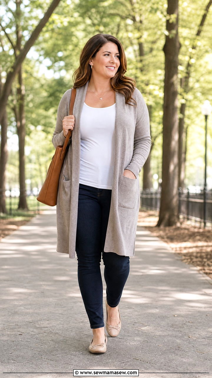 Longline cardigan over a tank and skinny jeans - 25 casual outfits for apple shaped body