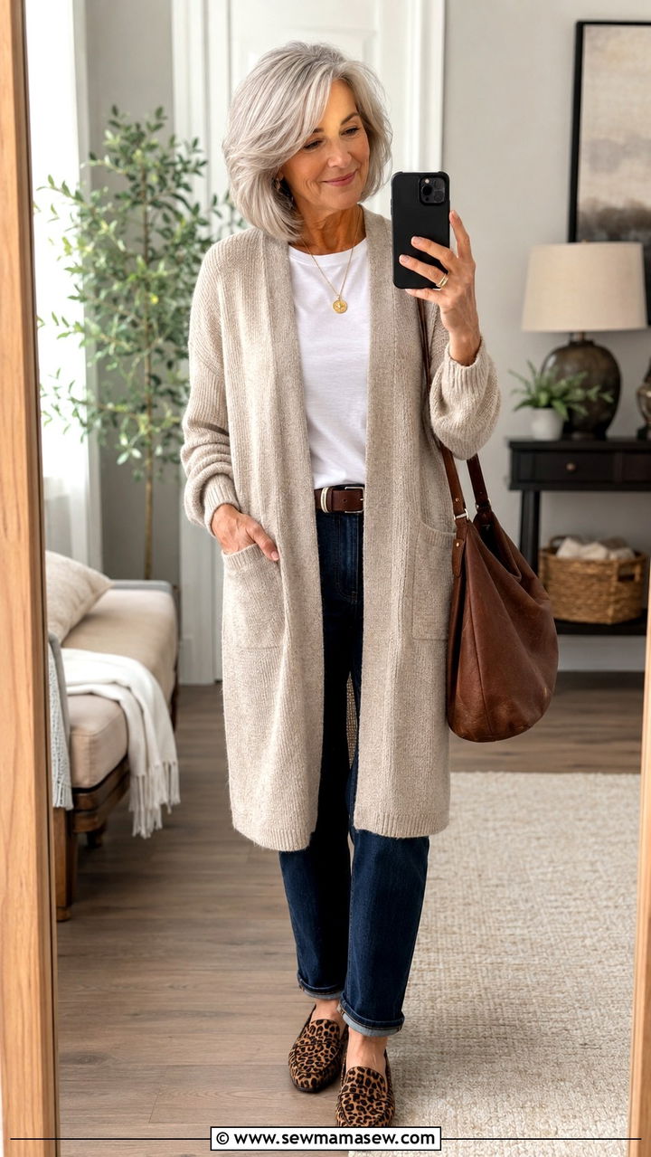 Longline cardigan with a simple tee and dark jeans - 25 Modest outfits for women over 60