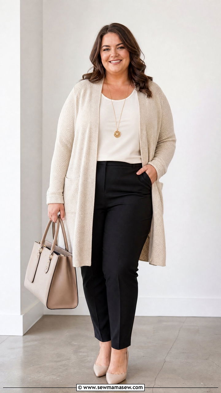 Longline cardigan with dress pants outfit - 25 Interview outfit ideas plus size