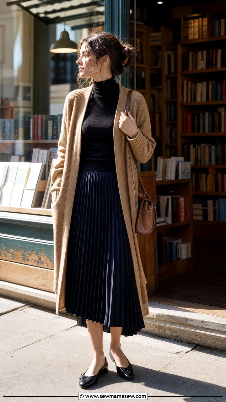 Longline cardigan with pleated midi skirt - 25 classy dark academia outfits