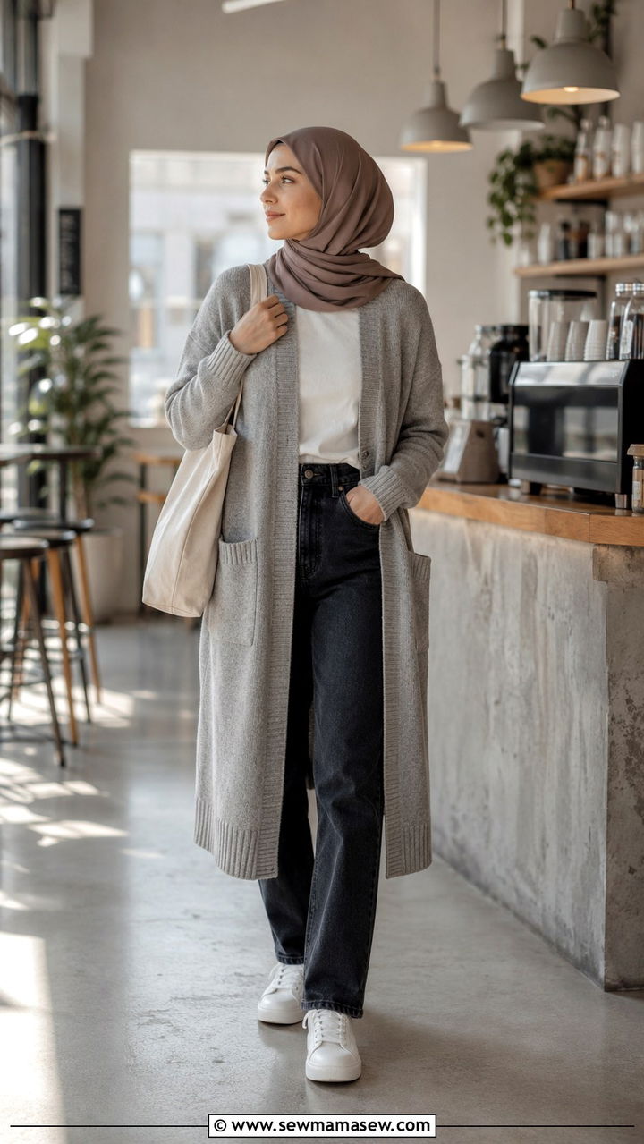Longline cardigan with straight leg jeans - 30 Modest outfit ideas with cardigan