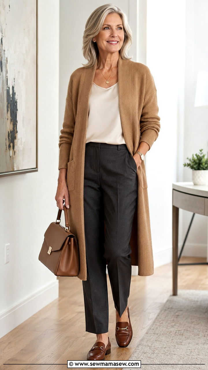 Longline cardigan with tailored trousers and loafers - 25 Outfit ideas for women over 50 elevated casual