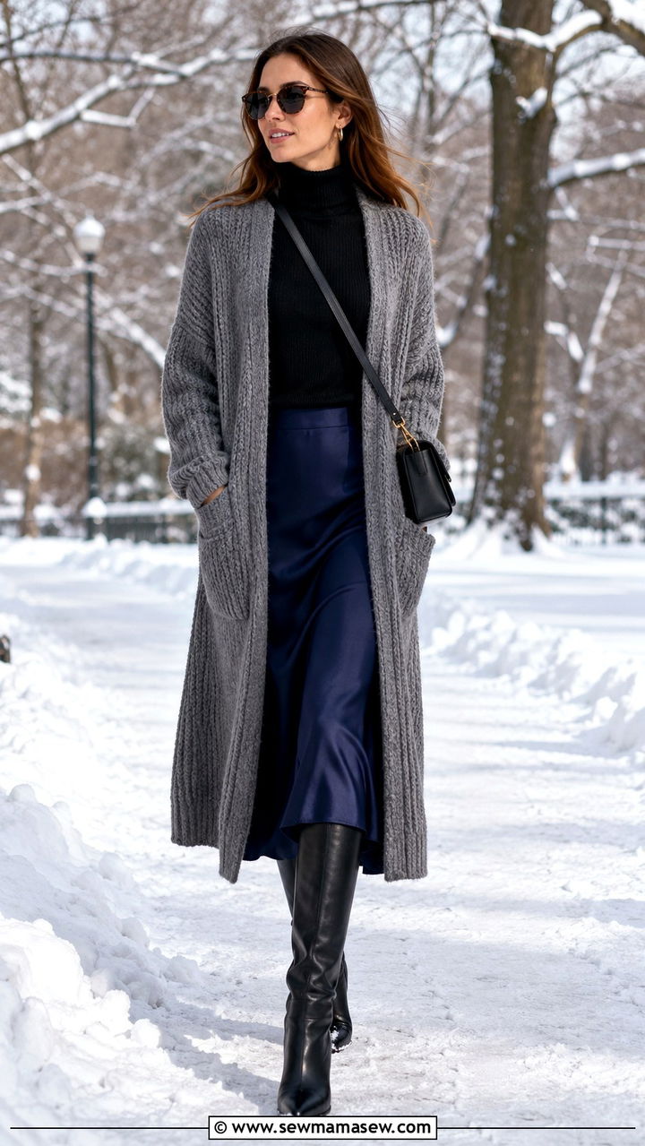Longline cardigan with turtleneck and midi skirt - 30 Grandma chic outfit ideas