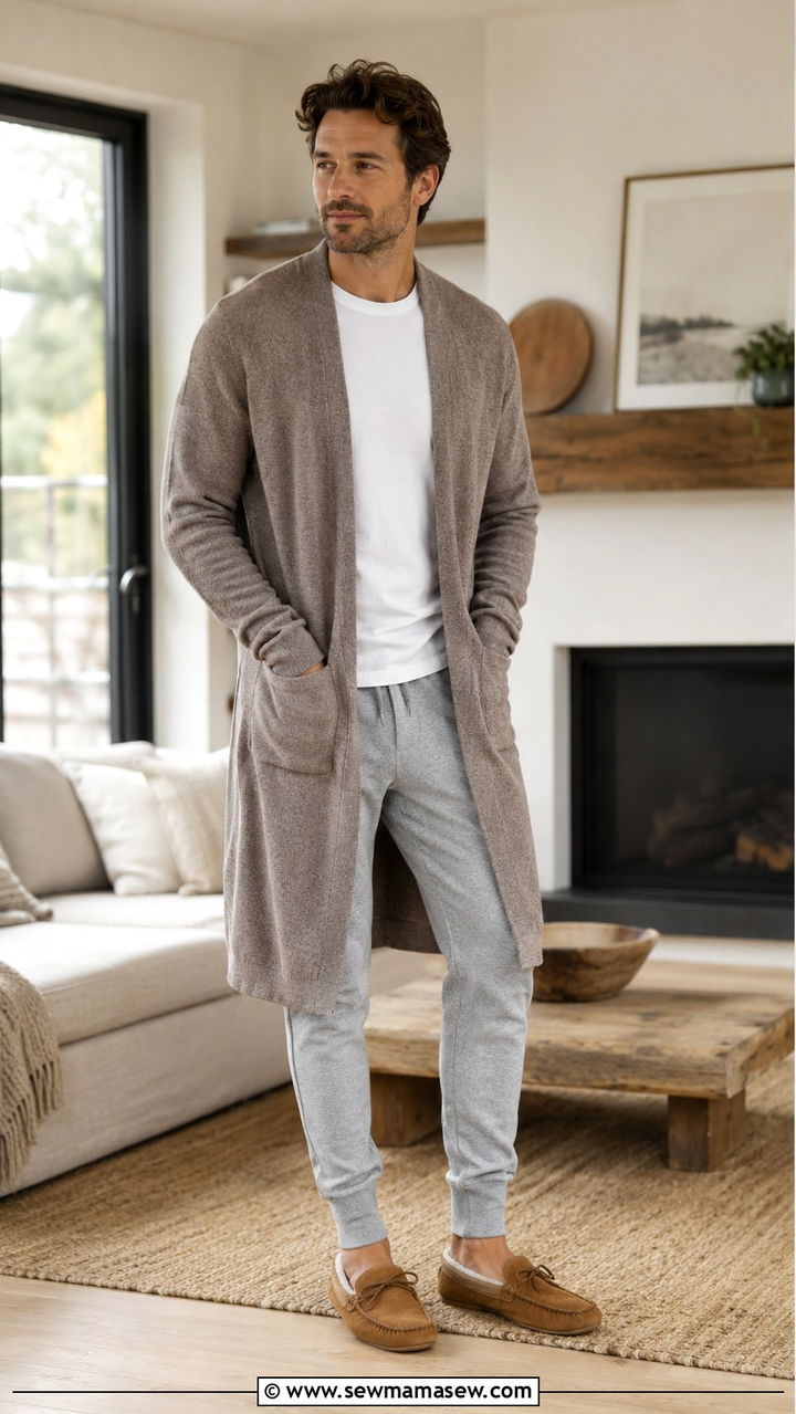 Longline cardigan with white tee and joggers remote look - 30 Remote worker outfit ideas