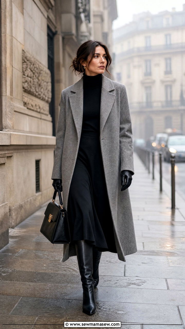 Longline coat with midi skirt and knee high boots - 25 casual Italy outfits