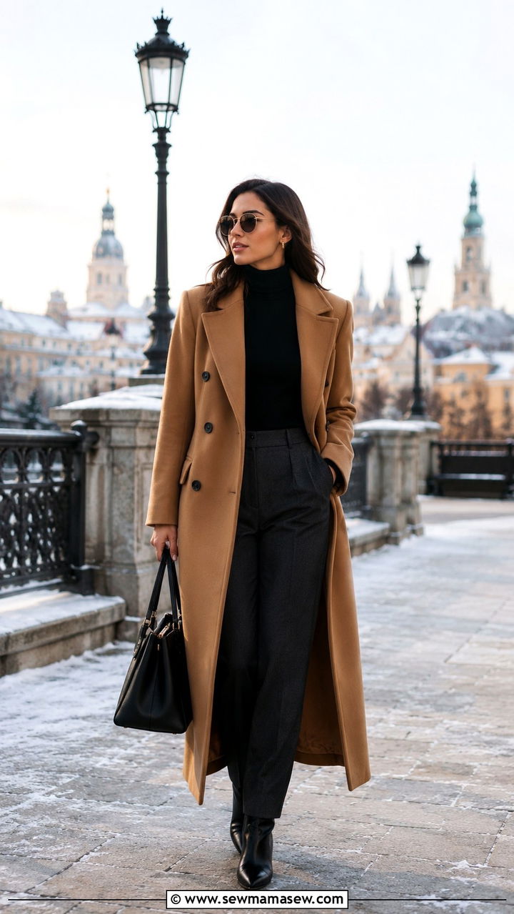 Longline coat with turtleneck trousers winter travel outfit - 30 chic travel outfits for women
