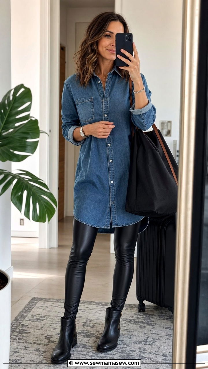 Longline denim shirt with faux leather leggings - 25 Denim shirt outfit ideas 2026