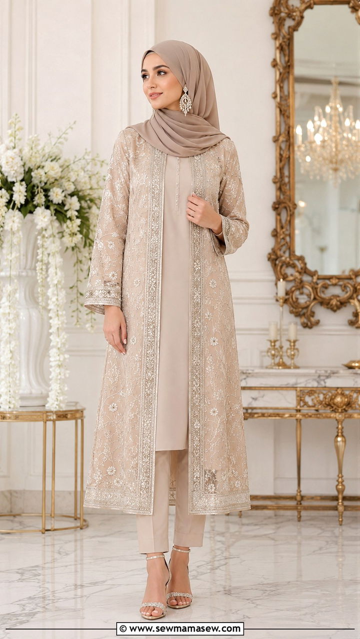Longline jacket with kurta set and heels - 30 Modest outfit ideas for Eid