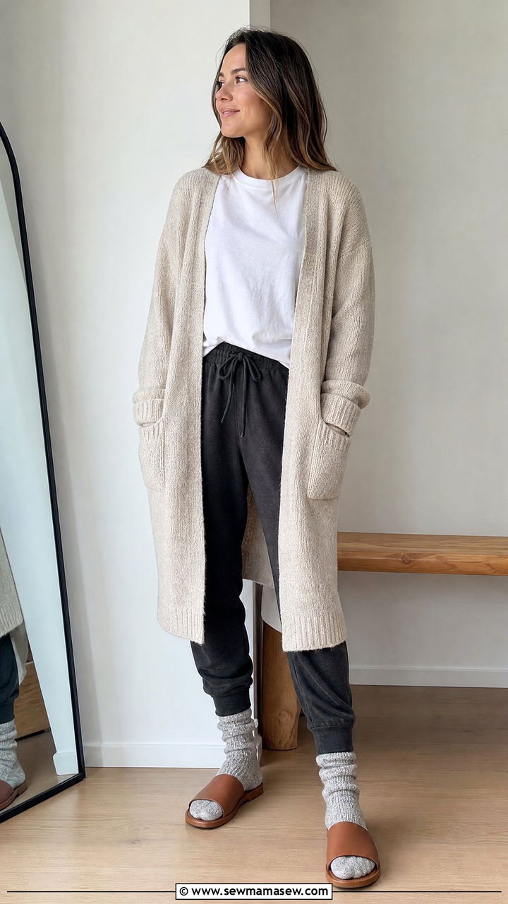 Longline knit cardigan with a tee and joggers - 35 Hygge loungewear outfit ideas