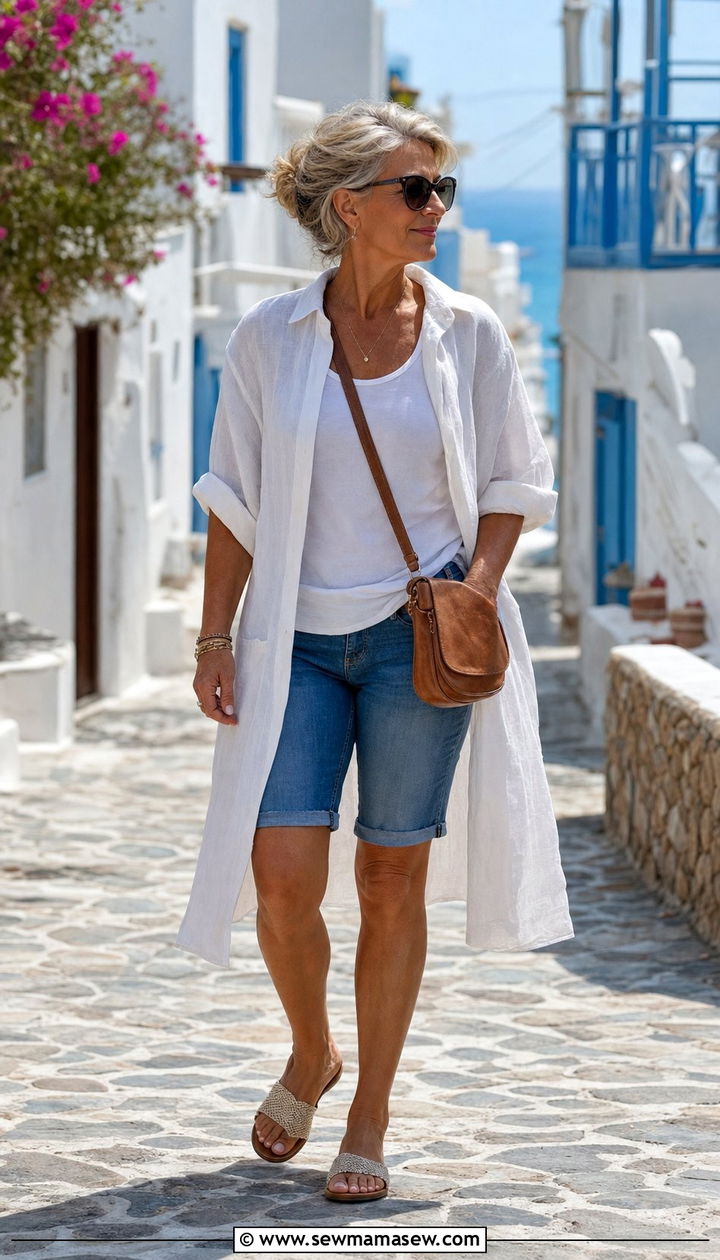 Longline linen beach shirt with denim shorts - 25 Cover up outfit ideas for women over 50