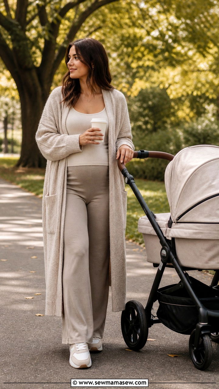 Longline open cardigan with nursing cami and wide leg leggings - 20 4th trimester outfit ideas