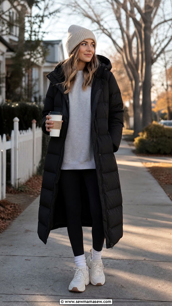 Longline puffer jacket with leggings and chunky sneakers - 25 Spring outfits with puffer jacket