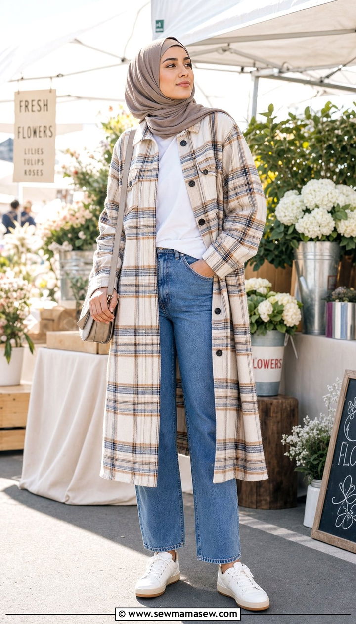Longline shacket with straight leg jeans and neutral hijab - 25 classy outfits for hijab women