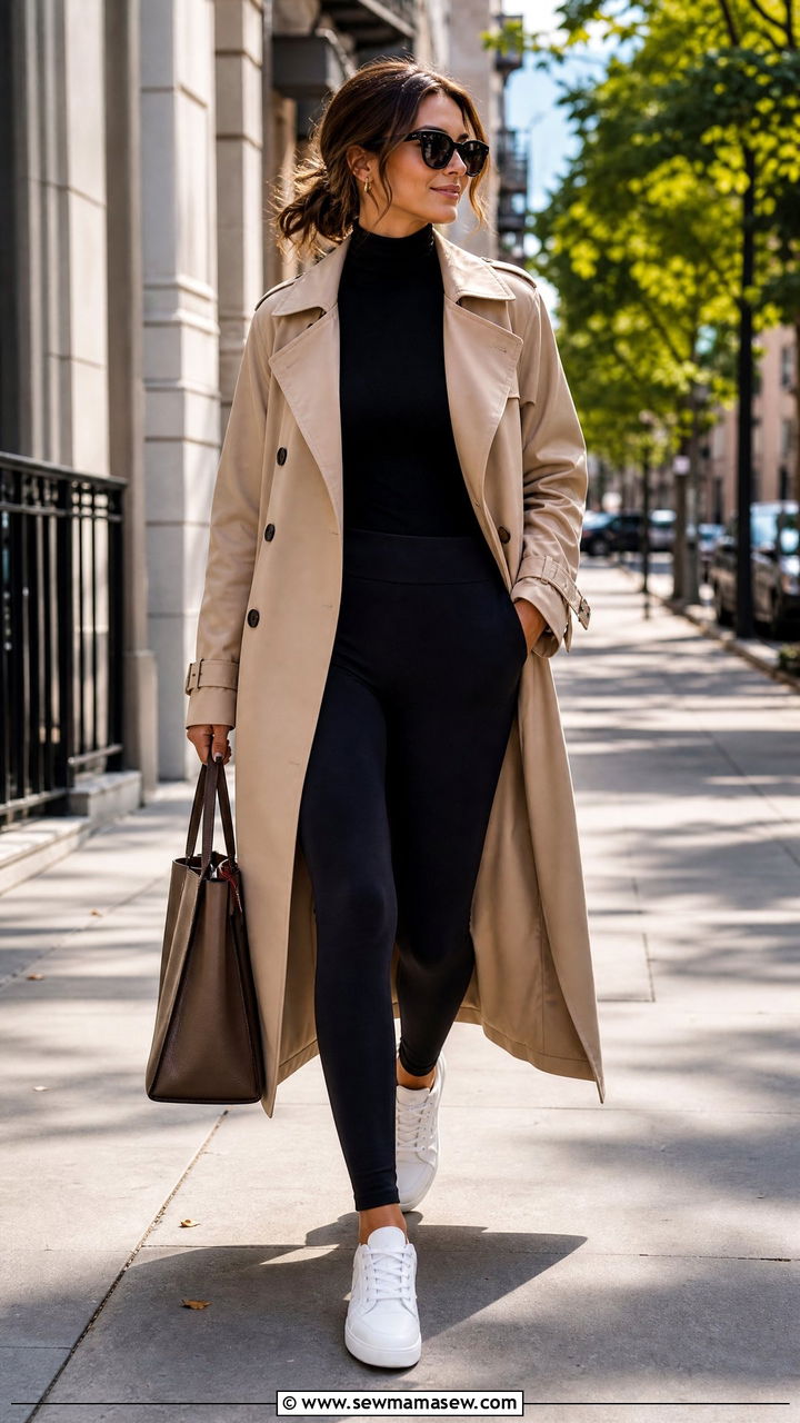 Longline trench coat with leggings and minimalist sneakers - 30 classy sporty chic outfits