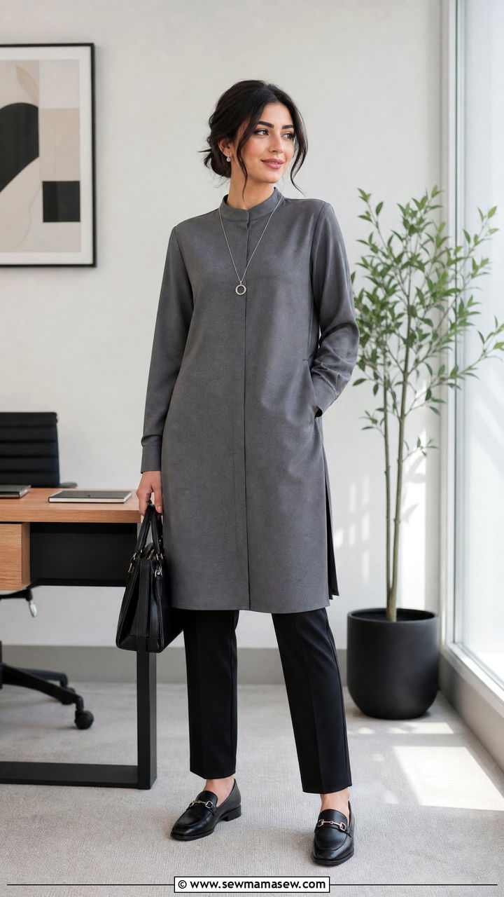 Longline tunic over straight leg trousers - 30 Modest capsule wardrobe 2026