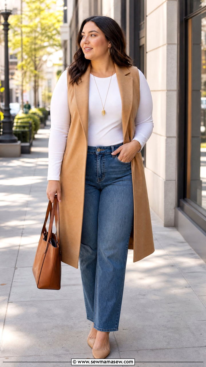 Longline vest over fitted tee and jeans - 25 Flattering outfits for big arms