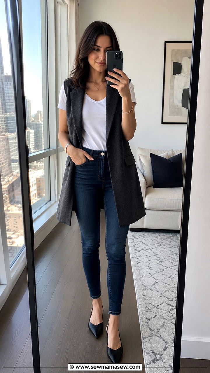 Longline vest with slim fit jeans - 25 Outfit ideas for inverted triangle shape
