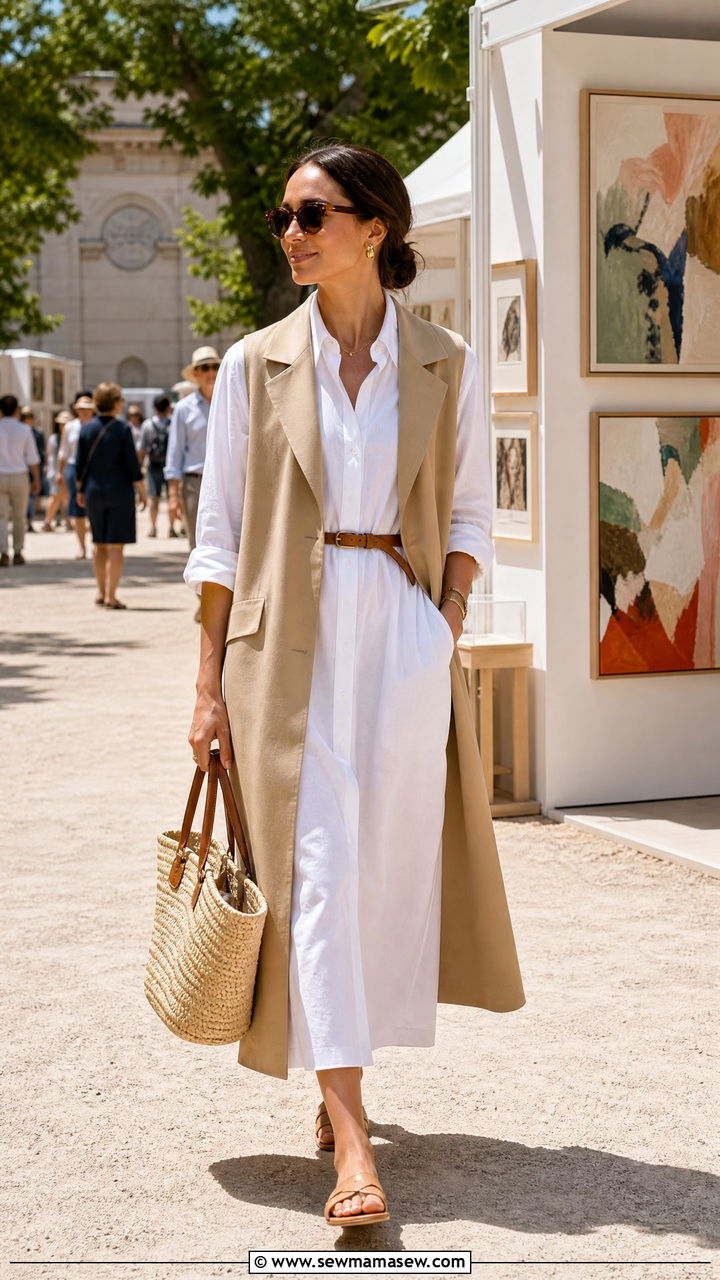 Longline waistcoat over relaxed shirtdress - 30 Modest capsule wardrobe 2026