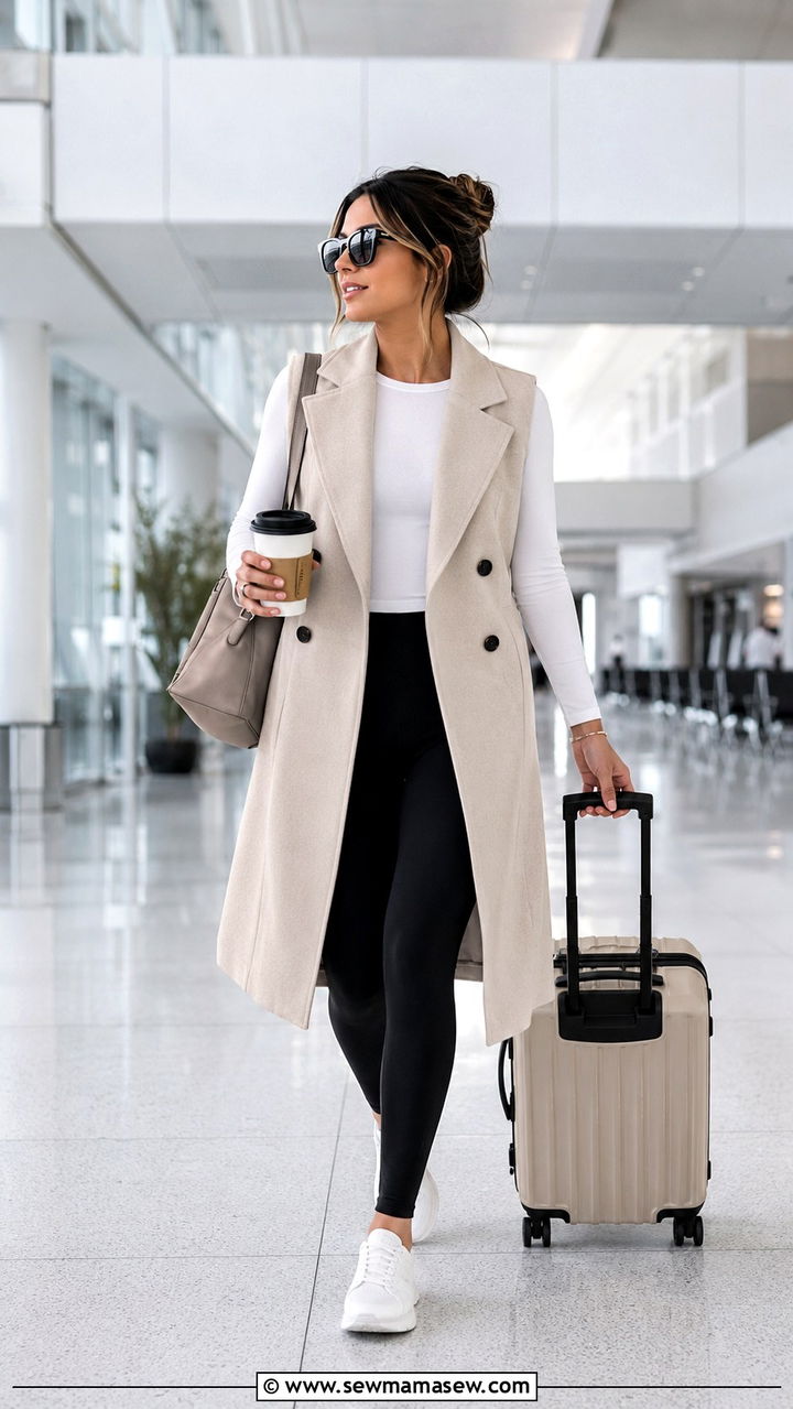 Longline waistcoat with leggings and sleek sneakers - 30 chic waistcoat vest outfit ideas