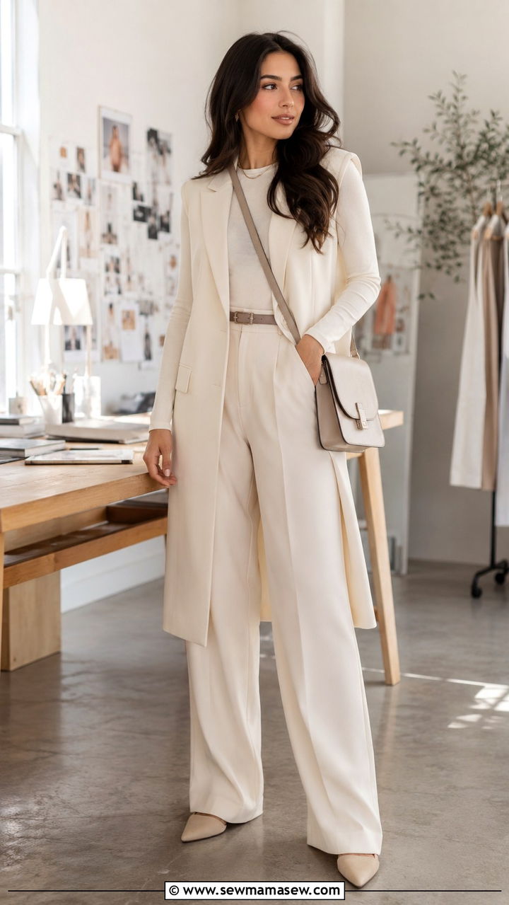 Longline waistcoat with wide leg pants - 30 Modest wardrobe essentials 2026