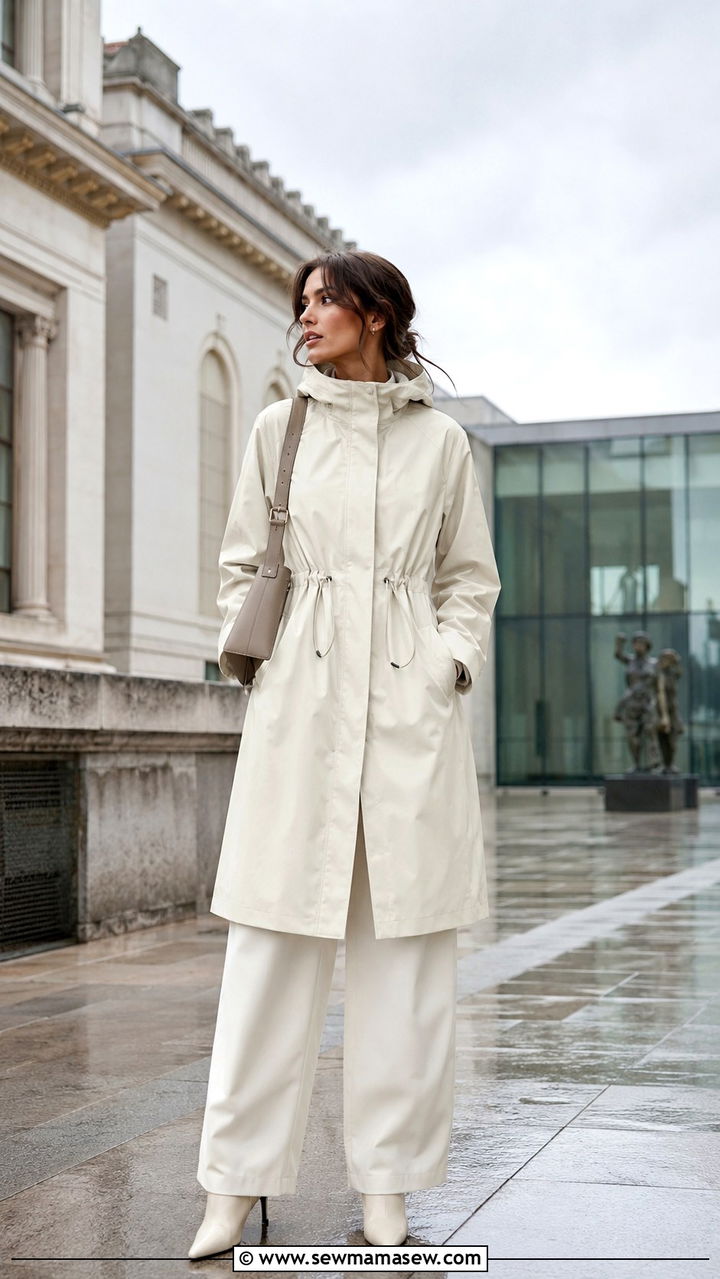 Longline waterproof anorak with wide leg trousers - 30 Overcast day outfit ideas