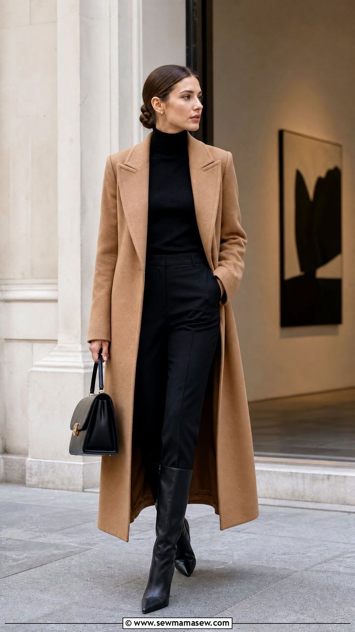 Longline wool coat and sleek trousers gallery outfit - 30 Gallery opening outfit ideas