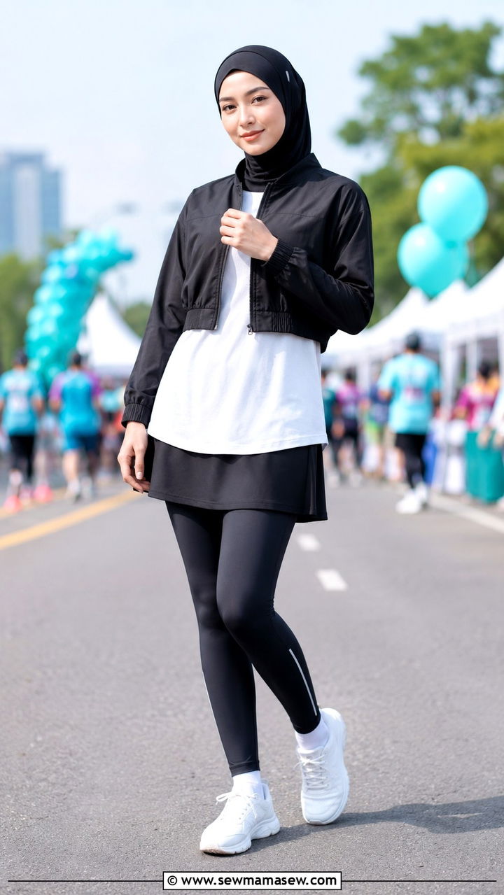 Longline zip up vest over long sleeve tee with capri joggers and minimal hijab - 25 Modest running outfit ideas with hijab