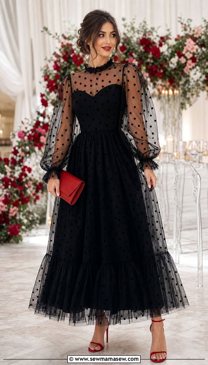 Look Polka Dot Tulle Maxi With Red Accents - 35 Black tie wedding guest outfits