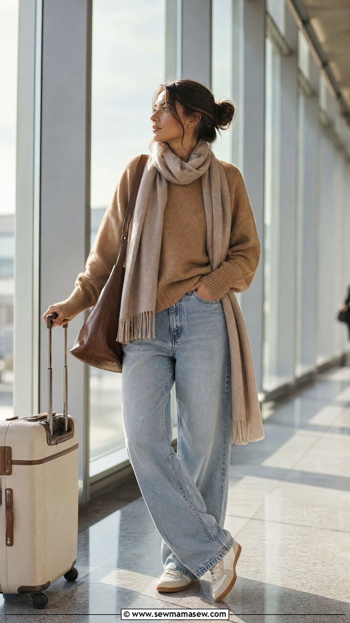 Loose Fit Jeans With Crewneck Sweater Travel Outfit - 30 modest airport outfit ideas