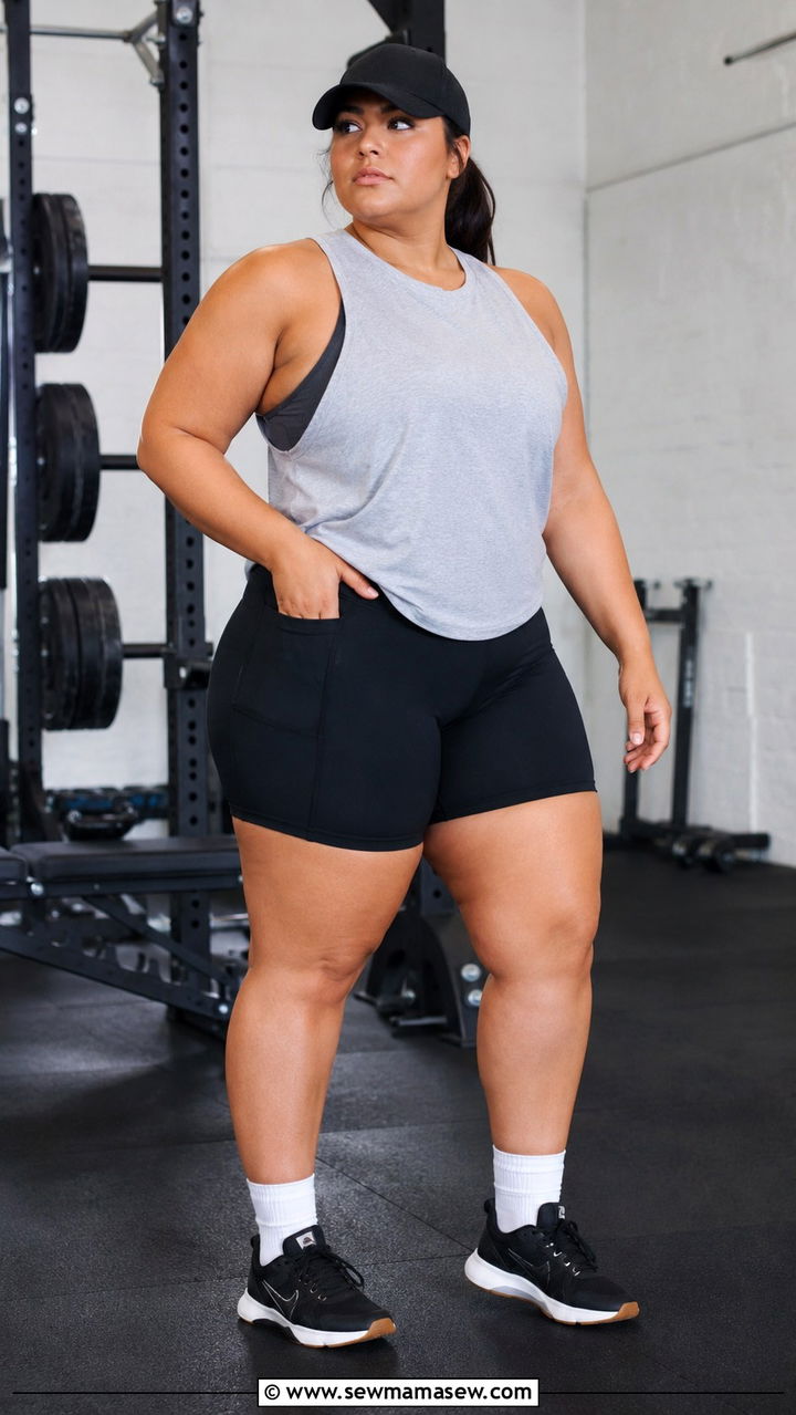 Loose Fit Muscle Tank with Compression Shorts - 30 Gym outfit ideas plus size