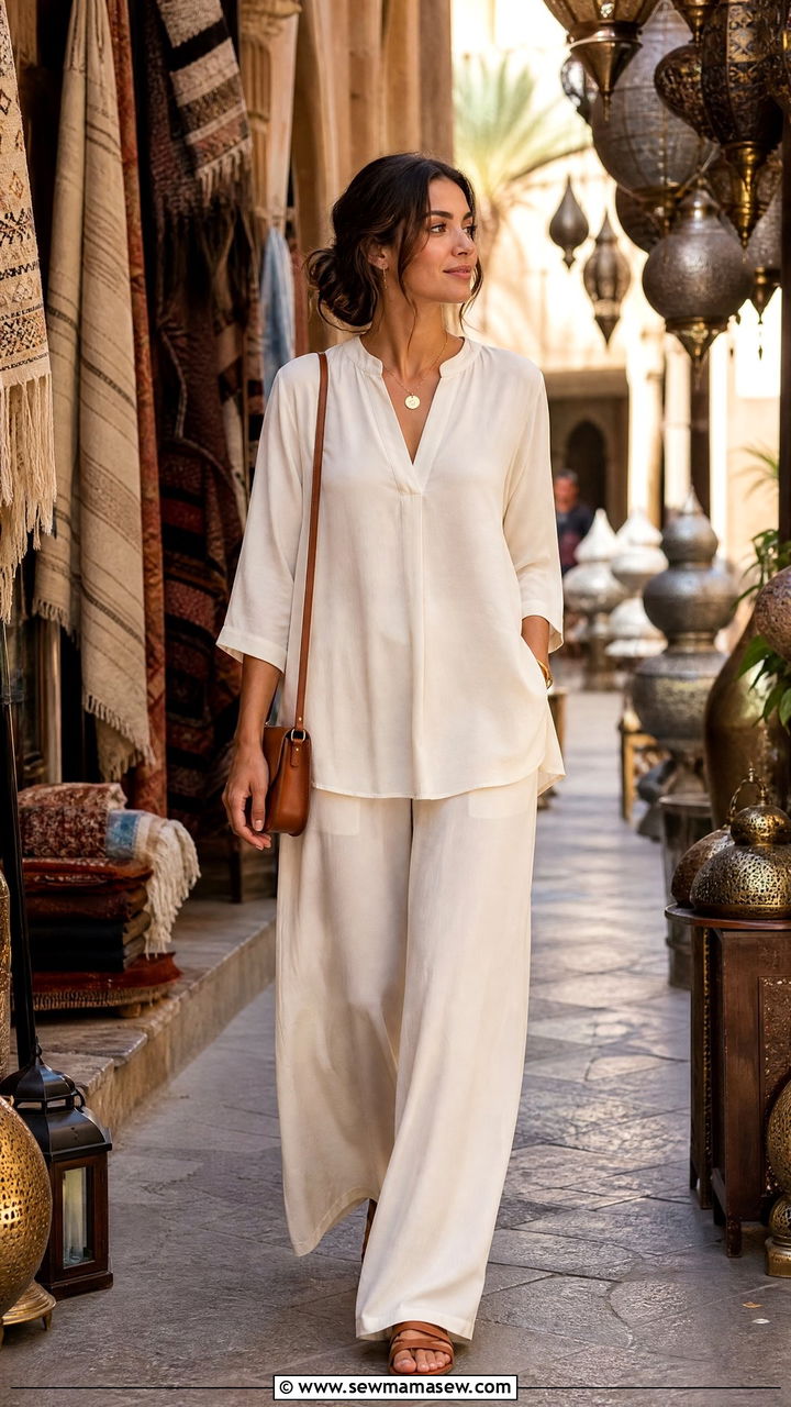 Loose Fit Trousers With Tunic Top For Middle Eastern Port Excursions - 30 Cruise excursion outfit ideas