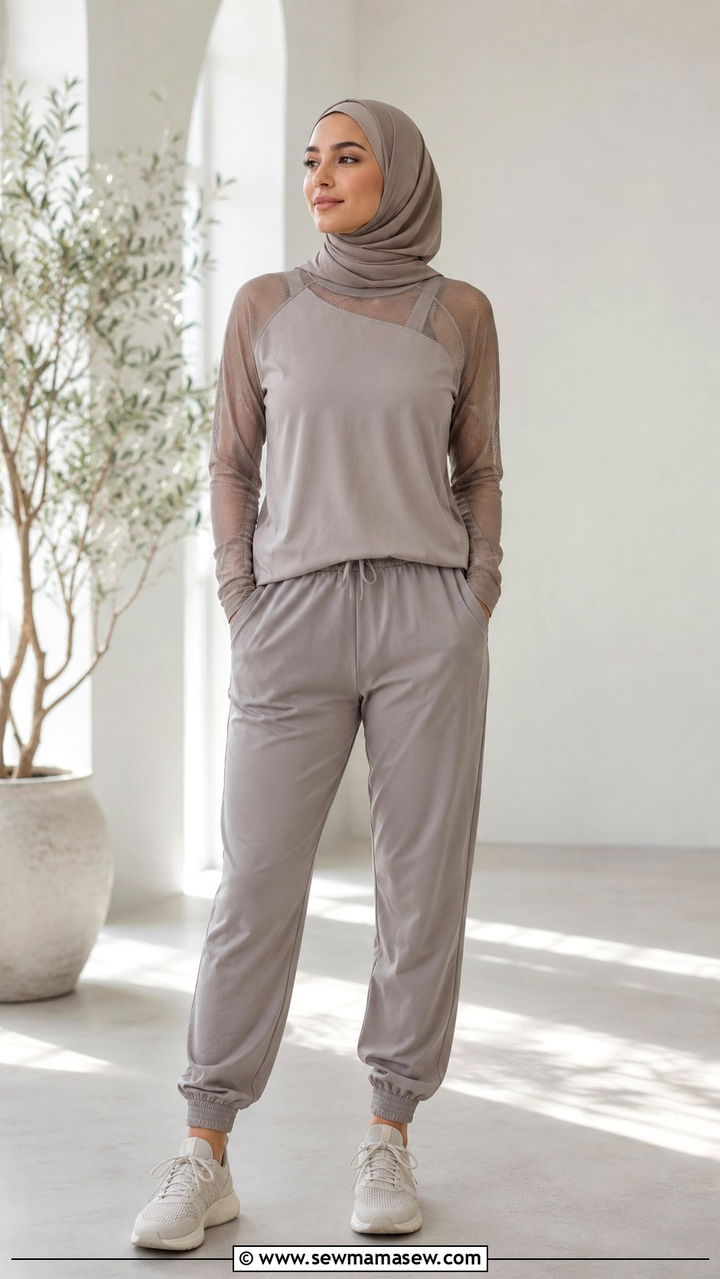 Loose Jogger Pants With Mesh Panel Long Sleeve Top - 25 Modest yoga outfit ideas with hijab