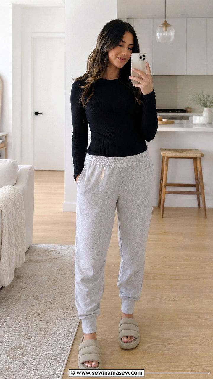Loose Joggers with a Long Sleeve Fitted Top - 20 Postpartum outfit ideas week 1